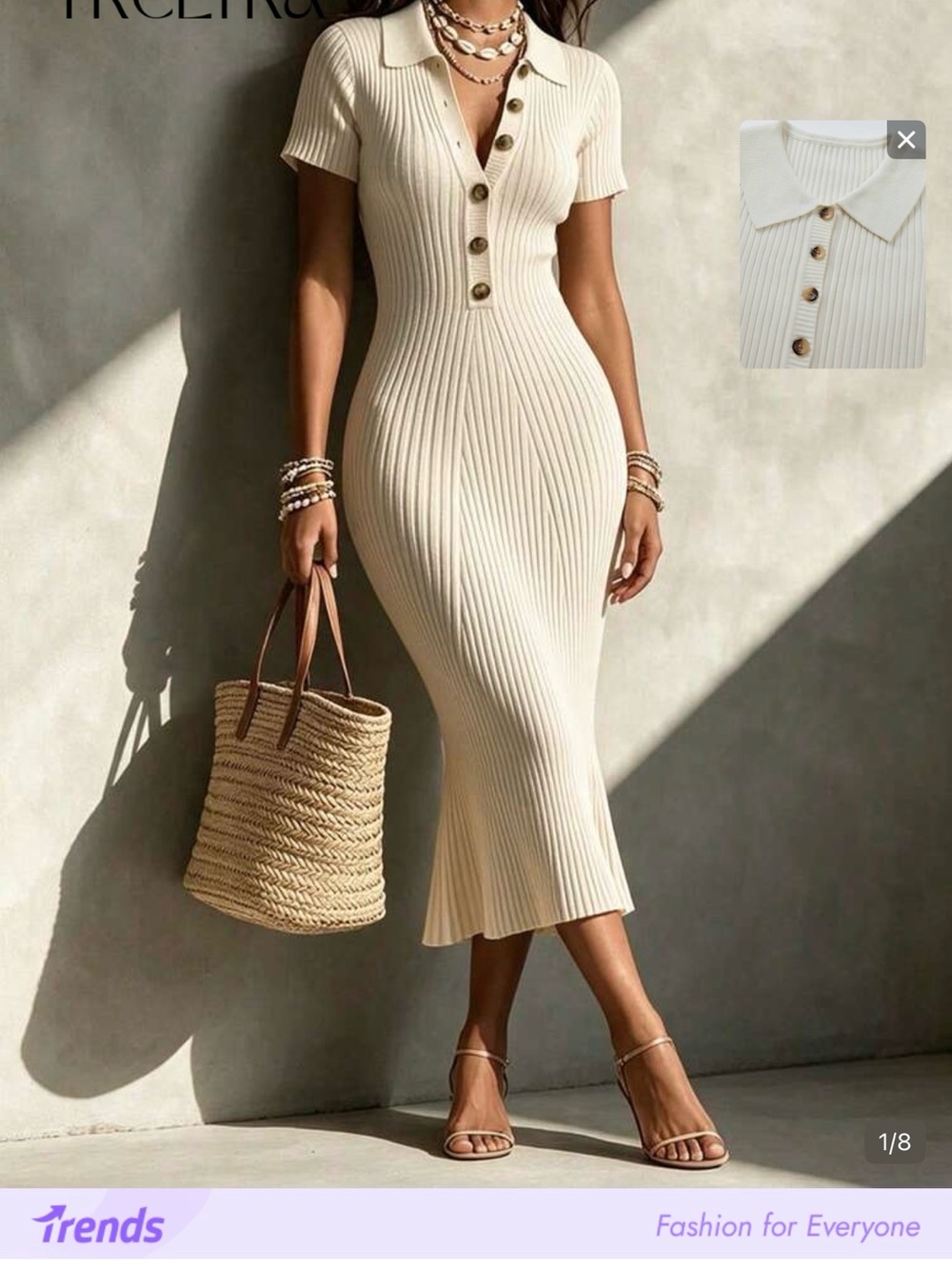 SHEIN Cream Ribbed Polo Button Midi Dress